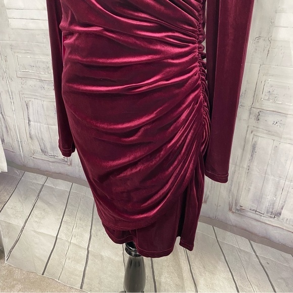 Alex Marie Long Sleeve Solid Mahogany Red Velvet Ruched Faux Wrap Dress V Neck - Picture 4 of 12